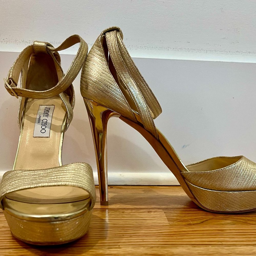Jimmy Choo Strapped Heel with Platform in Gold, Size EU 42